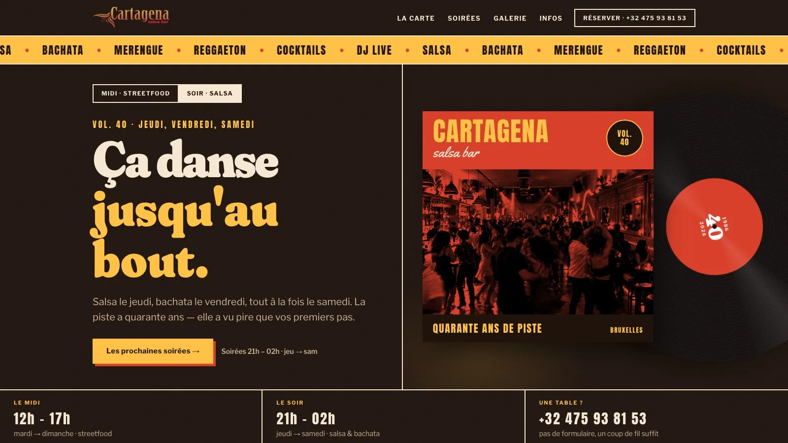 Page d’accueil du nouveau site du Cartagena Salsa Bar, ambiance soir.