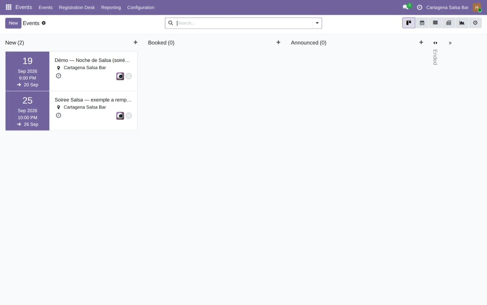 Back-office Odoo du Cartagena : les soirées classées par étape, avec leur date et leur heure.
