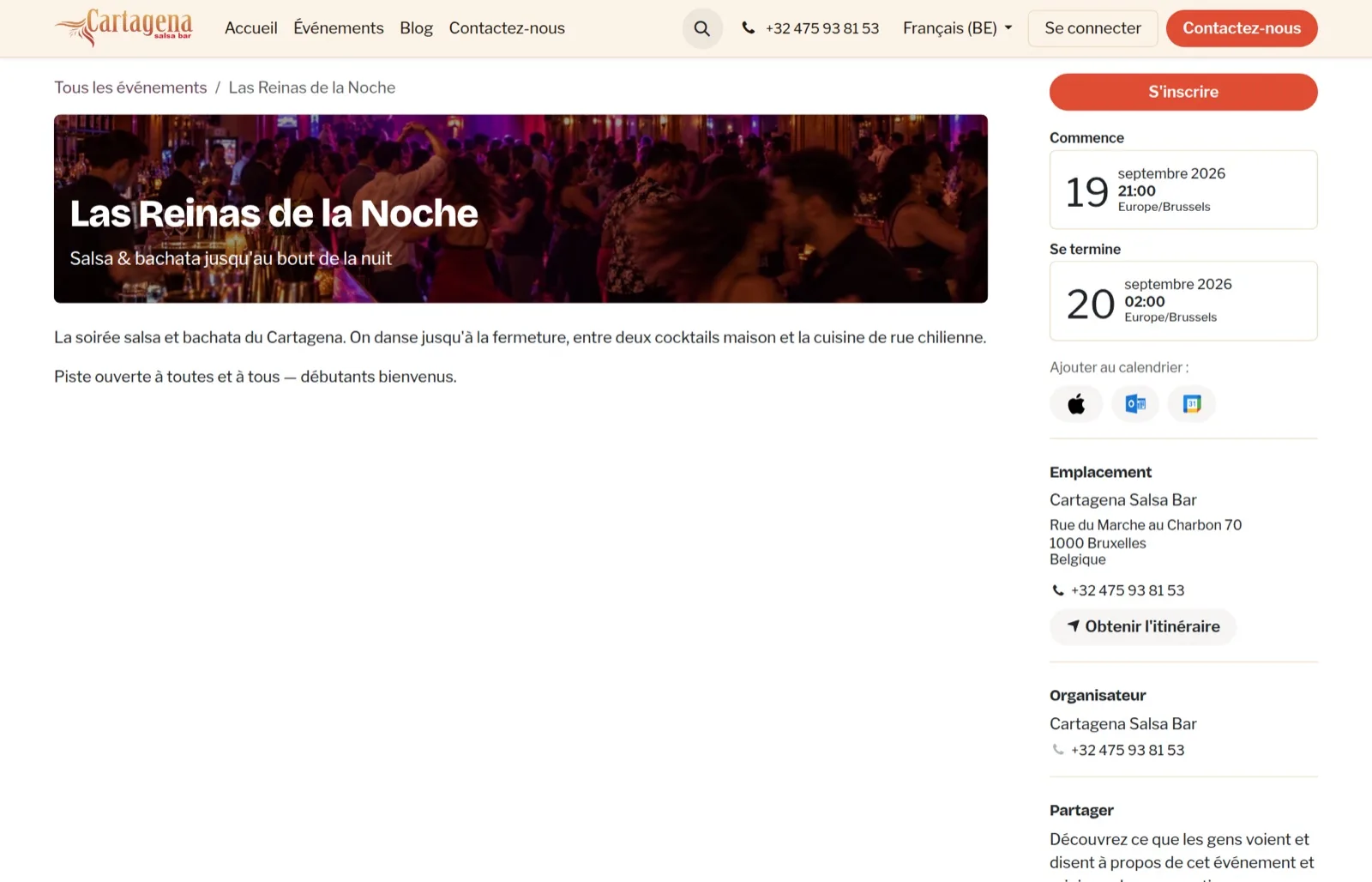 Page d’une soirée du Cartagena, aux couleurs du bar : dates, lieu et bouton S’inscrire.